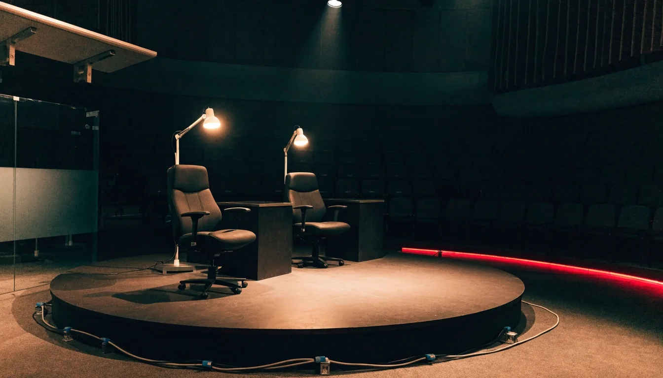 Lege presentatietafel en stoelen in een Nederlandse tv-studio na de opname