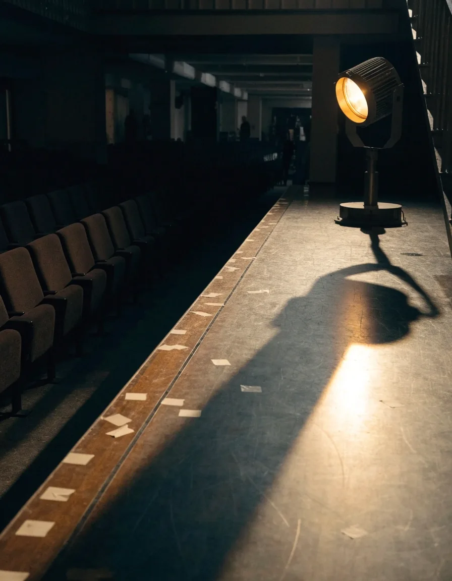 Lege dansvloer van een theatershow met afgeplakte posities en repetitielicht voor de uitzending